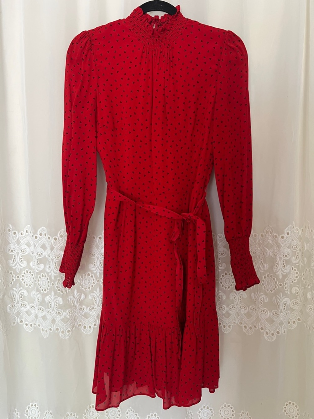 Boden Size 4 Red Dot Smocked High Neck Puff Ruffle Midi Office Party Dress